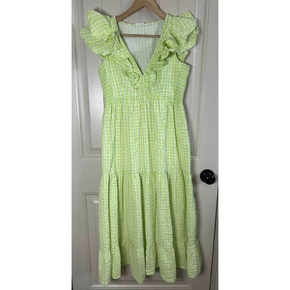 Roller Rabbit Maxi Dress S Lime Green Ruffle Sleeve Cottagecore Picnic Gingham